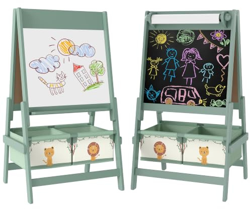 AIYAPLAY Kinder Staffelei 3 in 1 Kindertafel für Kinder 3-8 Jahre Grün | Standtafel mit Kreidetafel, Whiteboard, Papierrolle, 2 Aufbewahrungsboxen, Spiel-Tafel mit Löwen- und Tigermotiv