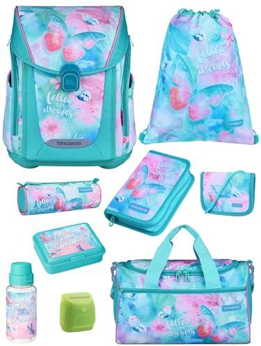 Familando - Premium Schulranzen Set - 9-teilig mit Lunch-Set - Butterfly (Schmetterlinge) - Ergonomisch, stabil & mit gepolstertem Rücken - 1000g - 20L Volumen - Mit Reflektoren - ab 1. Klasse
