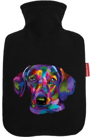 Huuraa Wärmflasche Dackel Colorful 1,8 Liter Black Classic Veloursbezug Bettflasche Geschenkidee