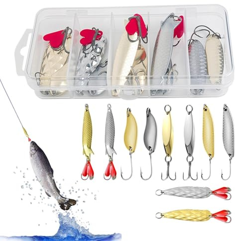 Generisk öring, fiskedrag, blinkers spoons – spinnbete med krok – skedblinkers, för strand, damm, reservoarflod, hav, sur, sjö kanal Weiher Talspärr, utomhus, fiske, fiskare och vatten