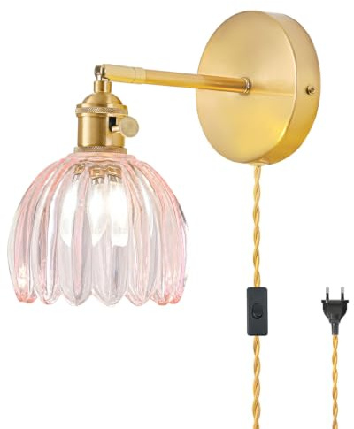 NETHCUEL Steck Wandlampe mit Stecker, Vintage Wandleuchte Innen mit Tulpenrosafarbenes Glas Schale, 180° Verstellbar, mit Schalter, Gold für Schlafzimmer Nebenbett, Leuchtmittel Nicht Enthalten