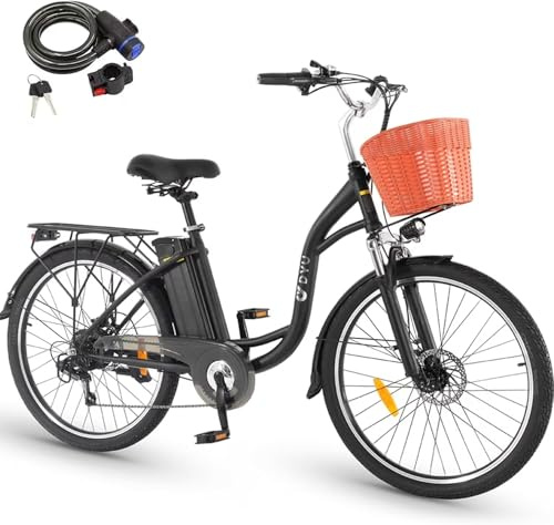 DYU C6 26 Electric Bike for Adults, Urban E-Bike with Basket | 250W motor, 36V 12.5Ah removable battery, up to 70KM range, suspension, 6-speed gears and rear rack