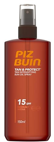 Piz Buin Tan & Protect Tan Intensifying Sun Oil Spray (1x150 ml), bronceador solar con SPF15 y filtros UVA/UVB, aceite bronceador con Illumitone, protector solar ligero