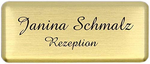 Aluminium - Kunststoff-Namensschilder inkl. Namensdruck/Gravur mit Magnet silberfarbig Größe 60x25 mm (gold gebürstet)