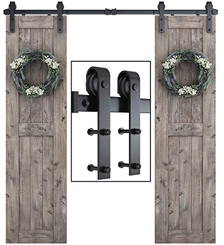 SMARTSTANDARD 15 cm (6,6 fot) dubbel ladugårdsdörr, skjutdörr spår-smidigt och tyst - Inkluderar detaljerad installationspassning 50,8 cm bred dörrpanel (J-formad hängare) svart