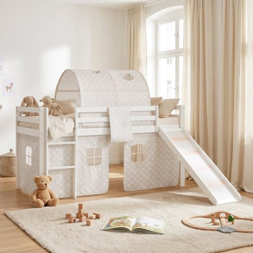 Homestyle4u Kinderbett Hochbett 90x200 cm - Weiß Kiefer mit Rutsche & | Jugendbett inklusive Tunnel & Vorhang im Sterne Design - Stabiles Holzbett aus Kiefernholz massiv für Jungen & Mädchen