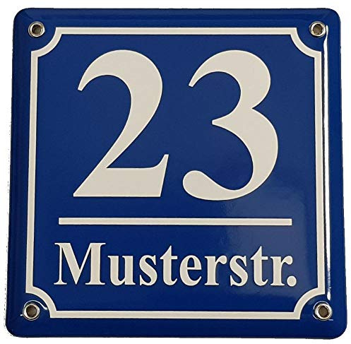 Hausnummernschild - Format 150 x 150 mm - Hausnummer - Emaille - Keramik - Wetterfest - Türschild. Farben: Blau Grün Anthrazit Dunkelblau Weiß. Zahl und Straßenname nach Wunsch. J.Pfaffenzeller