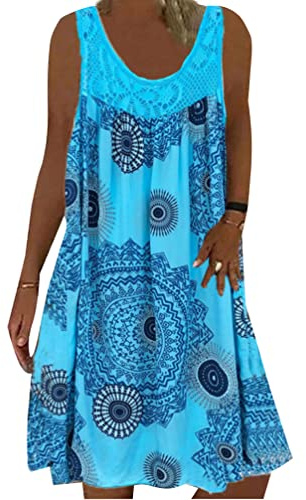 Minetom Sommerkleid Damen Rundhals Spitze Druck Strandkleid A-Linie Kleid Knielang Tunika Kleider Ärmellos T-Shirt Kleid A Hellblau XXL