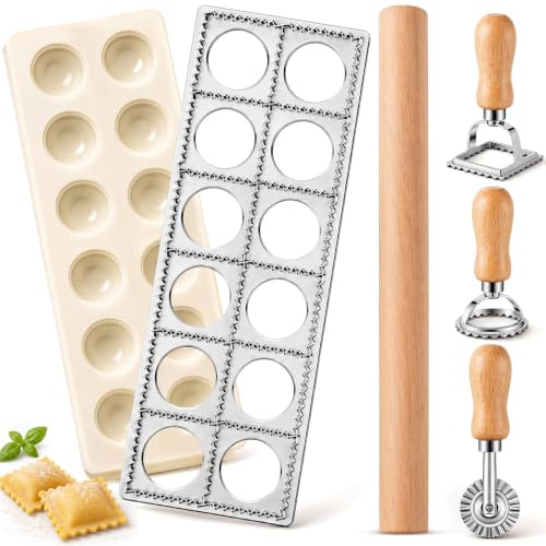 Geetery 5 Pcs Ravioli Mold Set 2 Inch Squares Ravioli Maker Cutter Include 1 Raviolis Maker Press 3 Pasta Cutter Stamp Makers 1 Wood Rolling Pin Pasta Making Tool for Home Kitchen Supplies (12 Holes)