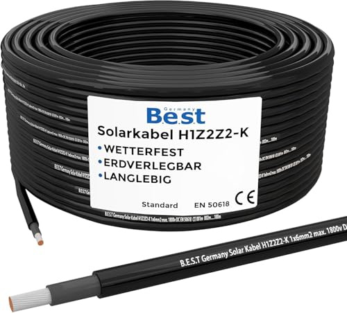 Germany B.e.s.t Solarkabel 6mm2 PV TÜV Zertifiziertes Photovoltaik Kabel aus Kupfer, 100m Schwarz
