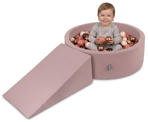 KiddyMoon Spielplatz mit bällebad 90x30cm und Rampe 100 Bälle 7cm Schaumstoff ballgrube für Baby und Kleinkinder - Erikafarben: Braun Kupferrot Pastellbeige Lachsfarben