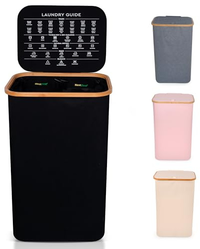 Nest Zest 100L Double Laundry Basket with Lid, 2 Compartments to Sort Washing, Hamper Laundry Bin with Care Guide & 2 Removable Inner Bags, Dirty Clothes Basket with Bamboo Rim Oxford Fabric (Black)