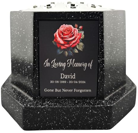 1stclassgifts Personalised Printed White or Black Memorial Rose Bowl Grave Marker Flower Pot Vase Rose Design (UV PRINTED) (Black, Silver Lid/Black Plate)