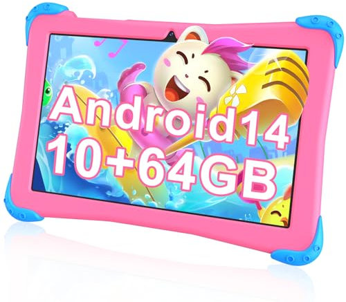 EagleSoar Kids Tablet 10 inch Android 14 Octa-core 10GB+64GB 1TB TF Expansion Tablet for Kids with Kids App Parental Control 5G WiFi Dual Camera with Case 2-Year Warranty (Pink)