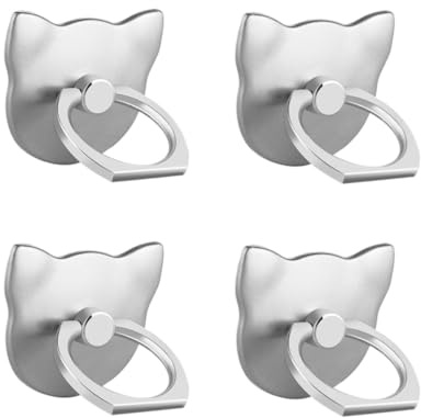 Msagkah 4 stycken kattformade telefonringhållare, 4 st starkt självhäftande och halkfri ringhållare, 360° vridbar bärbar telefonringhållare för telefoner och surfplattor (silver)