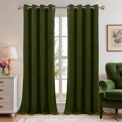 YoungsTex Olive Green Velvet Curtains 80 Inch Length 2 Panels for Bedroom, Thermal Insulated Blackout Drapes with Grommet Luxury Decor for Living Room, 52 X 80 Inch