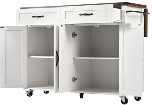 Huayz Isla de cocina, carrito de servicio con encimera extensible, carrito de cocina con ruedas, armario de cocina con 4 puertas y 2 cajones, para comedor, cocina