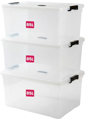 STL Clear Plastic Storage Boxes with Lids, Heavy-Duty Durable Stackable Plastic Storage Containers, Underbed Storage Boxes, Secure Clip-Lock Lid for Home, Office, Kitchen, Toys (3, 85ltr)