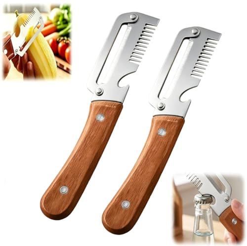 MultiFunctional Vegetable Peeler for Kitchen, 2026 New 3-in-1 Peeler & Bottle Opener & Julienne Peeler, Wooden Handle Peeler, Stainless Steel Kitchen Peeler, Potatoes, Fruits, Camping & Home Use(2PCS)