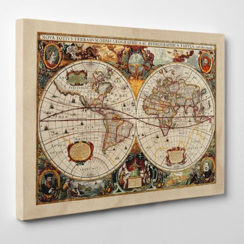 QUADRO SU TELA - INTELAIATO - Antica Mappa 1646 Mondo - Emisfero - Terra - World Map - Cartina Geografica - 100x152cm - Spessore 4cm - (cod.016)