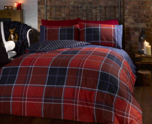 Rapport Home Ensemble Parure de lit Duvet Double Argyle avec Housse de Couette réversible et 2 taies d'oreiller - Carreaux écossais - Rouge