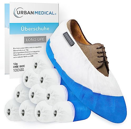 URBAN MEDICAL 100x Extra starke 12g Einweg/Mehrweg Schuhüberzieher mit rutschfester Sohle - LONG LIFE - Wasserdicht & reißfest - Überschuhe für In- und Outdoor - ONESIZE