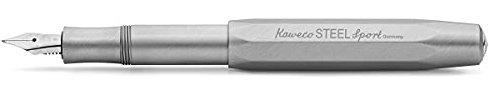 Kaweco STEEL SPORT Füllhalter I Premium Edelstahl Füllfederhalter für Tintenpatronen mit hochwertiger Stahlfeder I Luxus Füller aus gebürstetem Stainless Steel 13 cm I Federbreite: F (Fein)