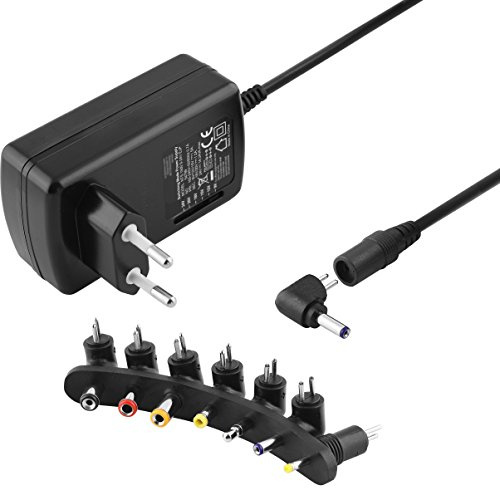 Stabilisiertes Universal Netzteil Ladegerät mit verschiedenen 90° Winkel-Adaptern für Geräte bis zu 1500mA, Eingang 230V, Ausgang 9 12 15 18 20 24 V DC, Schwarz