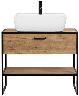 Lomadox Industrial Design Waschtischunterschrank 90cm in Eiche mit schwarz, mit Keramik Aufsatzbecken