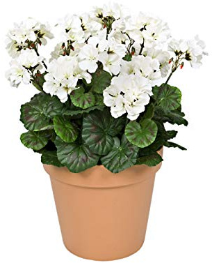 Macetero artificial de terracota con geranios blancos, 45 cm