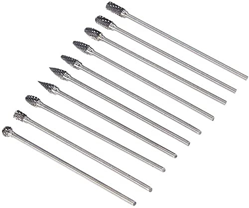 Yakamoz 10Pcs 3mm (1/8) Shank Long Double Cut Tungsten Carbide Burrs Rotary Files Diamond Burs Bit Set for Die Grinder Rotary Tool, 4-Inch Length