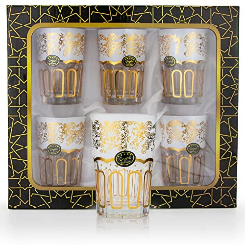 Juego de 6 vasos de té marroquí de aptos para lavavajillas, color dorado y blanco