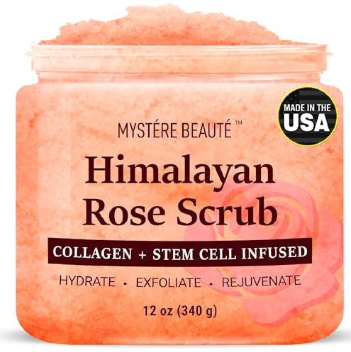 MYSTÉRE BEAUTÉ Himalayan Salt Body Scrub with Collagen & Rose Oil (12 oz) - Exfoliating Scrub for Cellulite, Acne, Scars & Stretch Marks - Deep Cleansing & Moisturizing - Natural Skin Care Gift