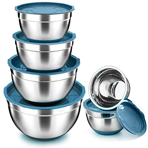 TEAMFAR Rührschüssel 6er Set, Edelstahl Salatschüssel mit Deckel, Blau | Schüssel mit Silikonböden, Stapelbar & Multifunktional, Spülmaschinengeeignet, Größe von 0,7L, 1,5L, 1,6L, 2,5L, 2,8L, 4,6L