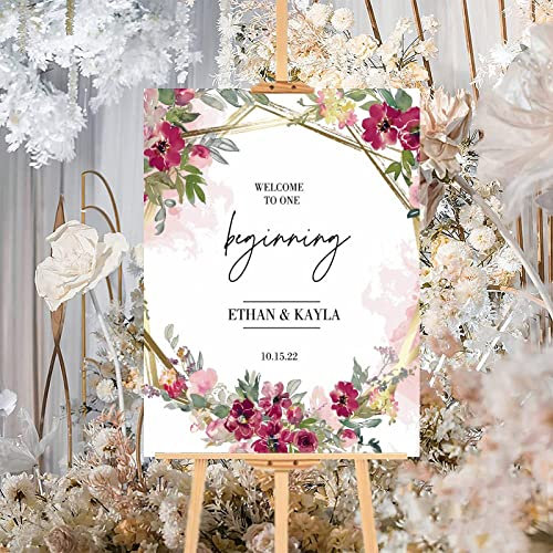 Panneau de mariage personnalisé en bois rose floral rustique panneau de bienvenue de mariage chic panneau de vœux pour célébration, anniversaire de mariage, décoration de mariage 30,5 x 40,6 cm