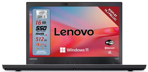 Lenovo T470, Ready to Use Laptop, 14 HD Display Notebook, Intel Core i5 6Th, Ram 16Gb, SSD 512Gb, Win 11 pro