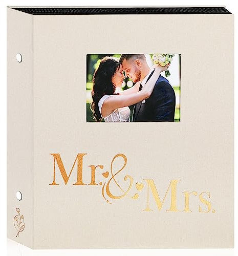 Lanpn Hochzeitsfotoalbum Fenster 10x15cm, 600 Taschen Fotos zum Einstecken, Leineneinband, großes Fassungsvermögen, Hochzeitsalbum für 600 horizontale vertikale Fotos (Mr & Mrs, Beige)