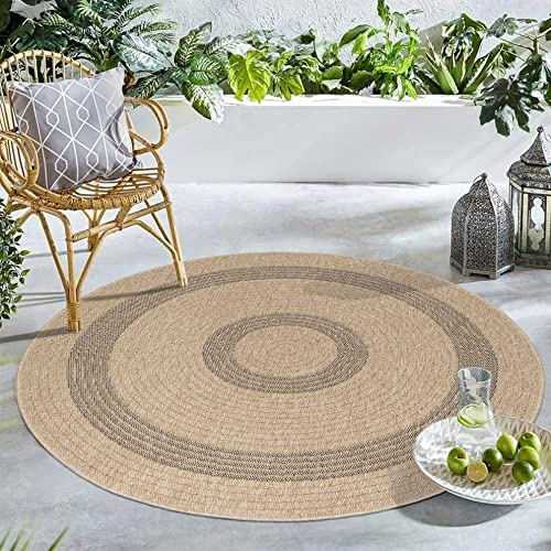 Carpetsale24 Runder In & Outdoor Teppich Wetterfest Sisal Optik Natur 200 cm Rund - Waschbarer Küchenteppich Wasserfest Flachgewebe Natur Optik Vintage Design Teppiche für Balkon Terrasse Wohnzimmer