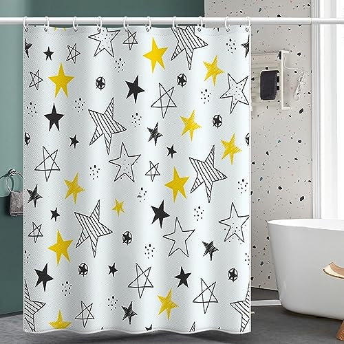 Homxi Duschvorhang Ösen,150 W x 200 H cm,Badezimmer Vorhang Schwarz Weiß Gelb Sternenmuster Duschvorhang Polyester Duschvorhang mit Haken
