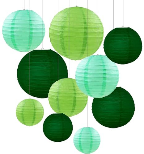 ZYOOO 10 Stück Grün Weiß Papierlaterne Lampion rund Lampenschirm (Set 3 Farben à 25cm, 20cm，15cm,10cm) Lampions Hochzeit,Deko Gartenparty,Bride to Be Deko