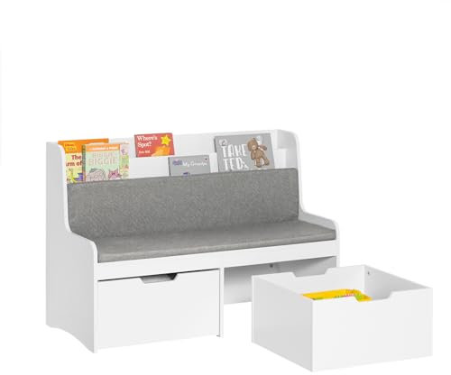 SoBuy KMB66-W Kinder Sitzbank mit Bücherregal, Aufbewahrungsbox mit Rollen, Schuhbank mit Sitzkissen, Weiß, BHT ca. 100x70x45cm