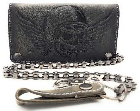 Lemasi Biker Geldbörse mit Kette naturbelassenes Hunterleder Portemonnaie mit RFID Schutz Totenkopf & Fahrradkette (Grau mit Fahrradkette lang)