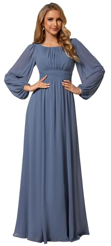 Ever-Pretty Vestito da Sera Donna Lungo Cintura Rotondo Manica Lunga Elegante Abiti da Cerimonia ES0106B Denim Blu 42