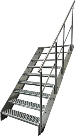 Kaminbau Mierzwa Premium Stahl Treppe mit Geländer Rechts komplett Verzinkt / 9 Stufen (Breite 1000 mm) (Höhe 171 cm) Wetterfest Gitterroststufe Gartentreppe