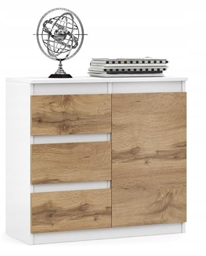 VBChome Kommode 80 x 35 x 75 cm mit 3 Schubladen und 1 Türen Weiß - Eiche Wotan Grifflose Schubladenkommode Mehrzweckschrank für Flur Schlafzimmer Wohnzimmer