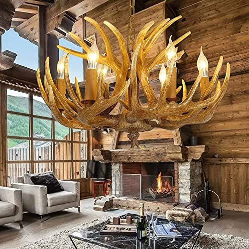 SZITW Lustre en Bois de cerf à 6 lumières, Lustre en Bois de Corne de cerf en résine, éclairage de Lustre en Corne de cerf de Style campagnard rétro avec Base E12, Lampe en Bois de cerf pour cafés