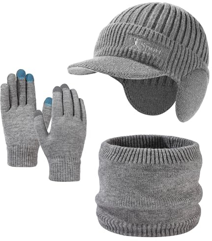 ANGTUO Set regalo caldo in pile spesso lavorato a maglia, cappello e sciarpa/guanti da sci per donne/uomini, moda invernale per donne anziane e uomini, Grigio Sport 3 pezzi, Taglia unica