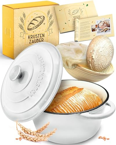 KRUSTENZAUBER Olla de hierro fundido para hornear pan esmaltado, incluye cesta de fermentación, 26 cm, olla esmaltada con accesorios, ideal como sartén para pan, pan, molde para hornear pan con tapa,