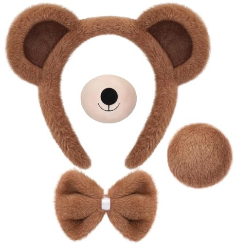 QUANMAITONG Bärenkostüm Damen Fasching Halloween Bär Ohren Haarreif,Bär Kostüm Schwanz Und Fliege Katzenohren Haarreif Tierkostüm Damen Gesichtstattoo Karneval Party Dekoration
