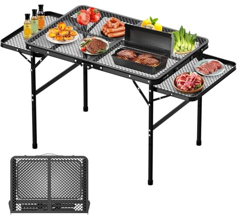 Grilltisch Klappbar Tidolo Höhenverstellbarer Grilltisch Outdoor Klappbar 135X60X67CM Campingtisch Klappbar mit 2 Ausklappbare Seitenteile Klapptisch Camping mit Metallgitterplatte für Picknick Garten